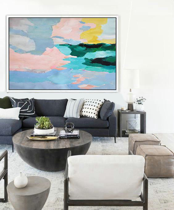 Large Abstract Painting,Oversized Horizontal Contemporary Art,Hand-Painted Contemporary Art,Pinl,Blue,Green,Yellow.etc